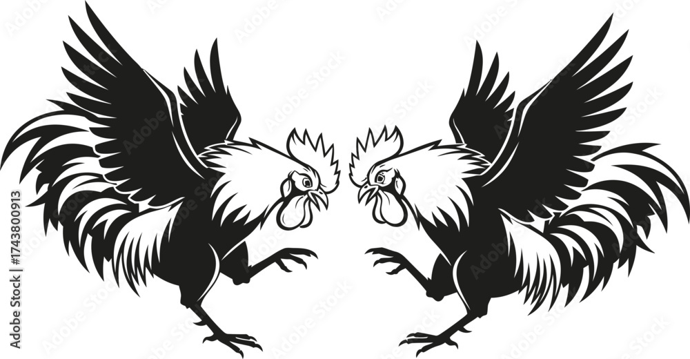 Obraz premium Pair of fighting roosters facing each other, symbolizing strength and competition. Vector illustration for emblem or logo design