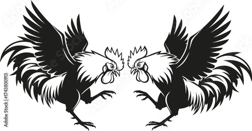 Pair of fighting roosters facing each other, symbolizing strength and competition. Vector illustration for emblem or logo design