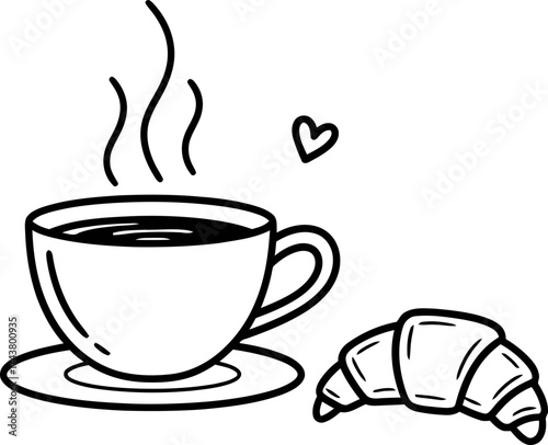 Hot steamed coffee cup with saucer, a small heart, and a delicious croissant. Breakfast menu concept. Doodle outline vector illustration for cafe