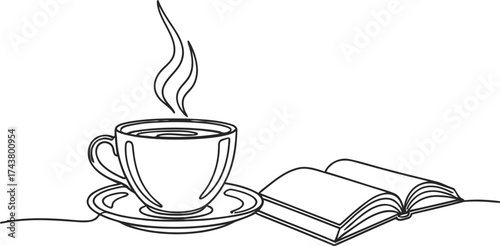 Steaming coffee cup with saucer, and an open book. Relaxation scene with a hot beverage. Continuous line art vector illustration