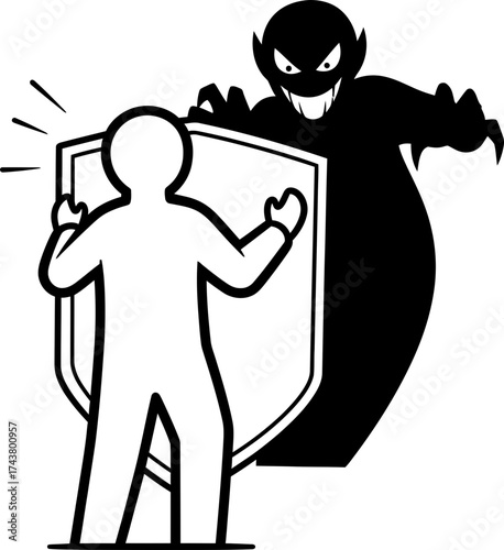 Man holding a shield protecting himself from an evil shadow monster. Protection concept, defense, safety. Flat black white vector illustration