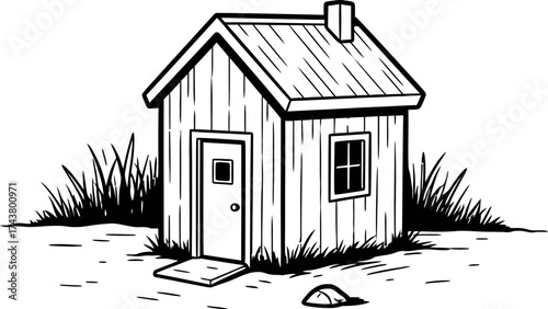 Small rustic wooden shack building or cabin with grass and a door, black and white outline. Simple rural house vector illustration