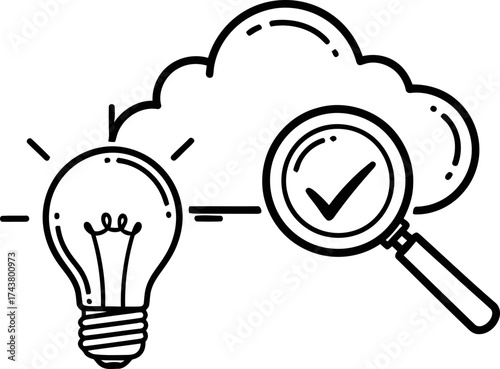 Light bulb idea, cloud service and magnifying glass with check mark. Problem solving, innovation, data search concept. Vector illustration