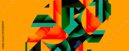 Abstract geometric shapes overlap, creating vibrant composition. Orange background contrasts with red, green, blue elements. Modern design.