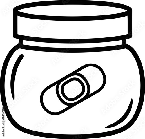 Ointment jar with a medical patch icon. First aid concept. Outline vector illustration for web, app, health, medical service