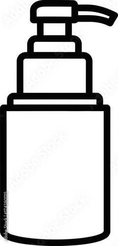 Minimalist cosmetic bottle with pump dispenser icon. Skincare product container for lotion, liquid soap, shampoo. Outline vector symbol for UI, app, web