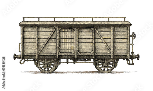 Vintage wooden freight train carriage sketch in detailed retro style