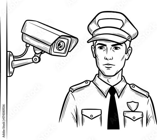 Man security guard with CCTV camera. Security system concept. Hand drawn style. Vector illustration for security service, safety, protection