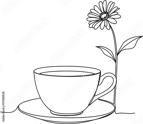 Outline drawing of a teacup with saucer and daisy flower. Continuous single line vector illustration for coloring book design.