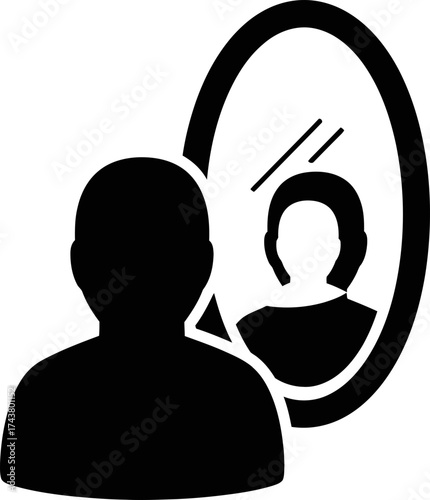Man looking in mirror reflect woman. Transgender, gender change, self-identity, concept. Isolated flat black silhouette vector icon. Symbol