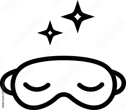Sleeping mask with stars above it, representing good sleep and relaxation. Outline vector icon for application, website, banner
