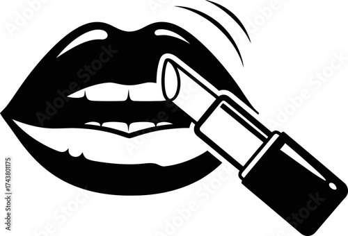 Woman's glossy open lips with lipstick applying makeup, beauty and fashion concept. Minimalist black and white vector icon illustration