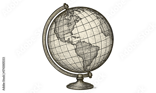 Vintage style globe with americas, europe, and africa: detailed earth map on stand