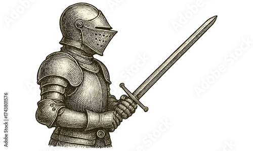 Knight in armor holding sword: engraved antique art of medieval warrior