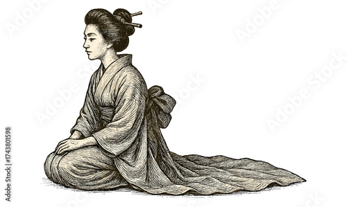 Traditional japanese woman in intricate kimono with elegant sitting pose
