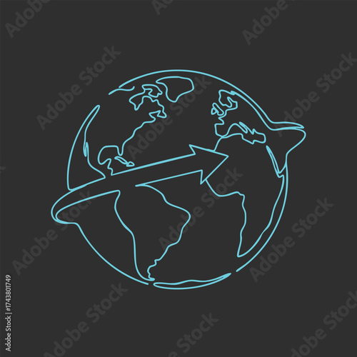 Minimalist neon line drawing of a globe with an arrow circling around it on a dark