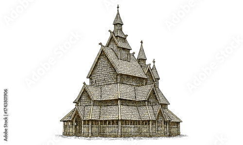 Traditional wooden church with intricate architecture on white background