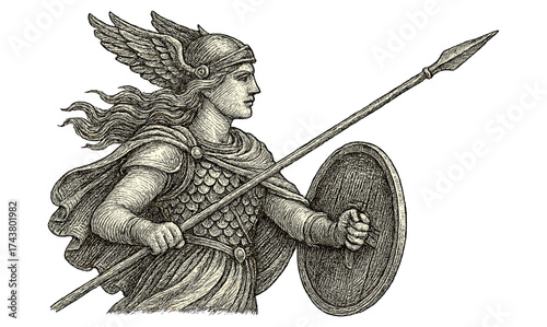 Detailed vintage warrior with winged helmet, spear, and shield