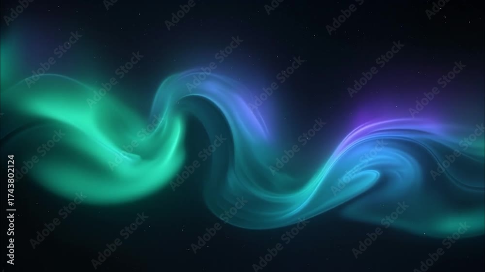 Abstract digital creation of flowing, luminous plasma waves in vibrant teal and purple hues against a black backdrop