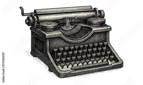 Vintage typewriter engraving: classic mechanical office machine art