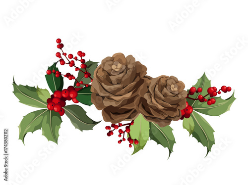 Christmas decorative element with pine cones and branches on a white background. Vector.