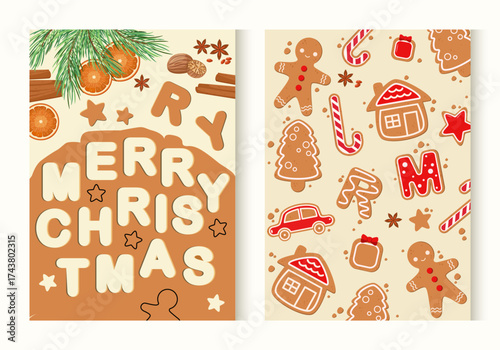 A set of holiday posters with sweets. Gingerbread cookies. Vector.