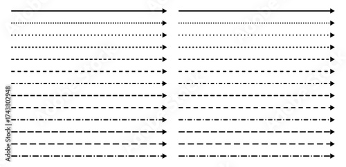 Long arrow line. Straight vector thin icon up or down. Horizontal dotted elements. Dash path to indicate direction.