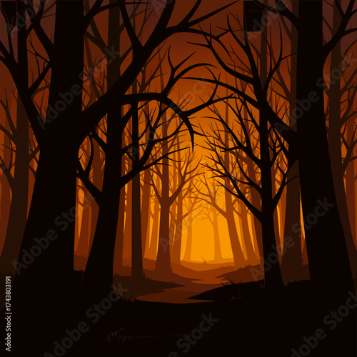 Mysterious Halloween forest background with an ethereal orange glow, providing empty space for spooky designs and mystical narratives