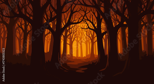 Eerie Autumn Forest Pathway with Radiant Glow, an Ideal Halloween Background Featuring Empty Space for Creative Designs