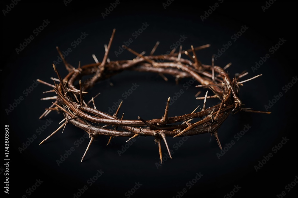 Obraz premium A detailed view of a thorny wreath crafted from gnarled, brittle twigs with pointed spikes, representing pain and devotion in Christian faith.