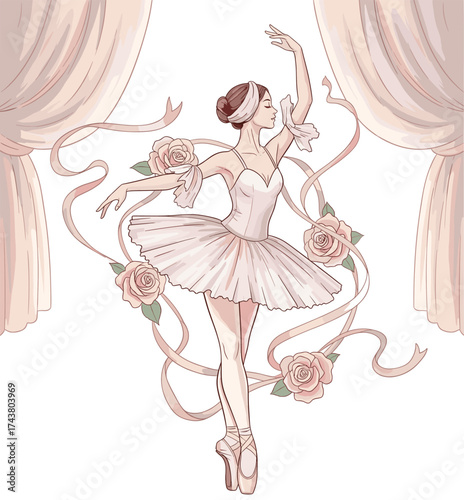 Graceful Ballerina with Floral Stage Elements in Watercolor Style.