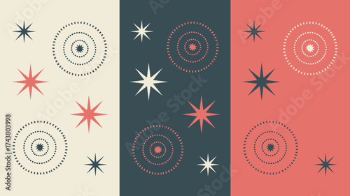 Retro pattern with stars and circles on a tricolor background of beige, dark blue, and coral color