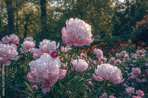 Spring Garden with Blooming Peony Flowers
