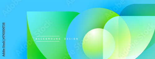 Abstract geometric shapes overlap. Blue, green hues create vibrant gradient effect. Modern design element for backgrounds, banners.