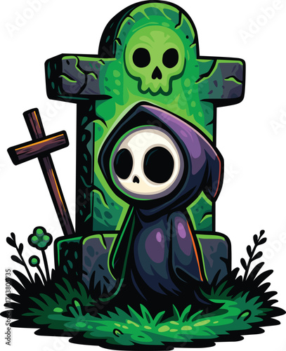 Cute grim reaper standing near glowing tombstone in spooky green graveyard night.