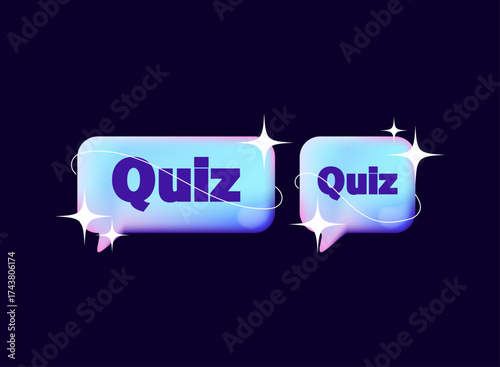 Modern gradient holographic vibrant quiz button ui. Futuristic glowing glassmorphism bubble label for trivia game interface. Colorful neon template for mobile and web interactive quiz design