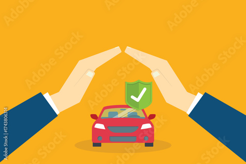 Car with a protective hands. For security concepts, protection of private property. Insurance, mortgage, credit.