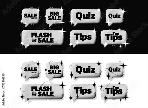 Metallic silver bubble ui label collection with elegant sparkling lines on dark and light background for sale promotion quiz tips and flash offer template