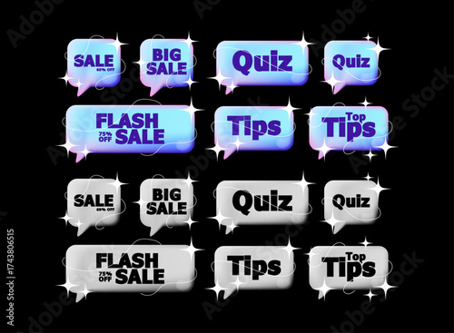 Modern holographic vibrant and metallic silver bubble button pack with sale, quiz and tips text, glowing ui elements for app, web, banner and promo design