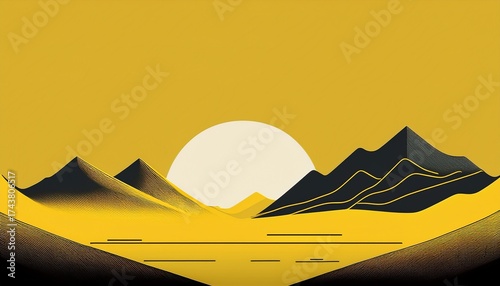 Minimalist Mountain Landscape with Setting Sun.
