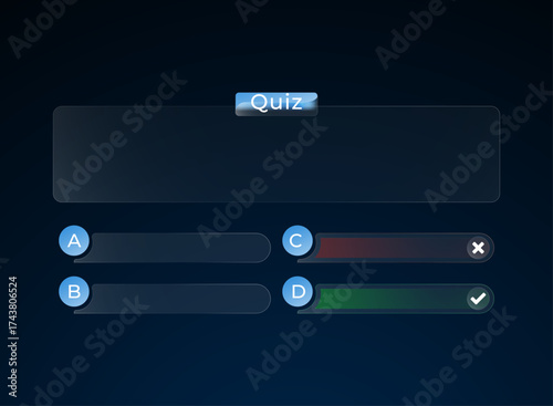 Glassmorphism horizontal quiz UI template with question panel, answer options A B C D, correct and wrong marks, clean modern transparent game screen design