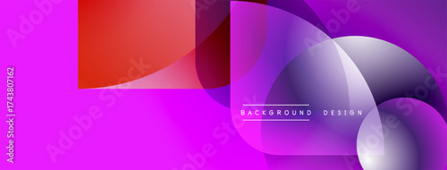 Abstract vibrant background. Overlapping shapes create dynamic visual flow. Purple, pink, red hues dominate composition. Modern design element.