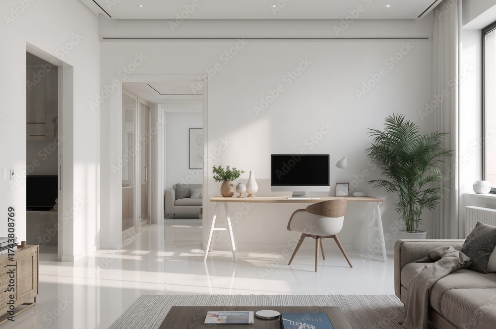 Fototapeta premium Living area featuring a workspace with a computer and comfortable chair