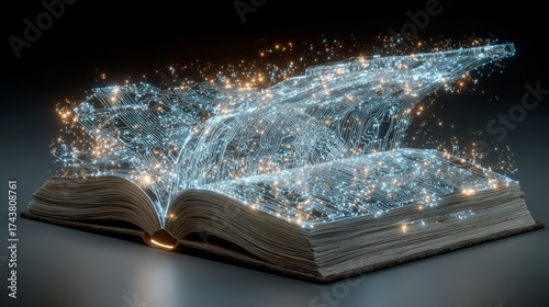 Open book with glowing digital particles emerging from pages, illustrating the fusion of traditional literature and modern technology, representing knowledge and creativity