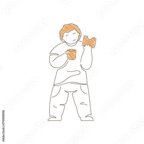 Minimalist line art of a man eating a sandwich while holding a coffee cup. Relaxed standing pose and simple lines convey quick lunch break, casual snack time and urban coffee culture moment