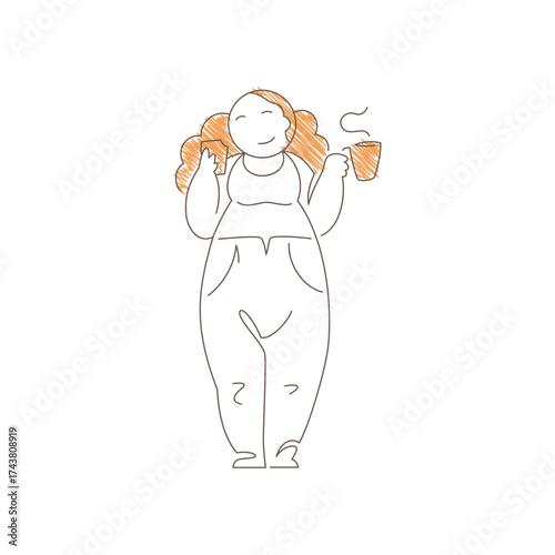 Woman eating a sandwich and drinking coffee while standing. Happy expression and simple lines convey casual lunch break, cafe culture enjoyment and satisfying meal moment. Line art vector illustration