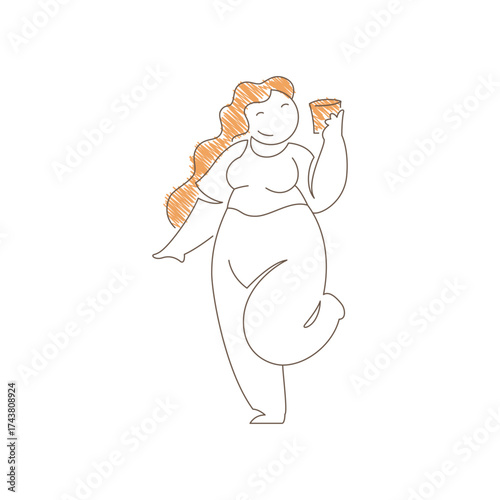 Woman standing with one leg bent while drinking coffee. Relaxed balanced pose and simple contours convey casual comfort, peaceful moment and coffee break enjoyment. Line art vector illustration