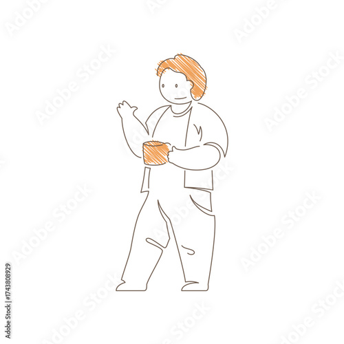 Man standing and holding a coffee mug in relaxed pose. Simple contours and neutral expression convey everyday calmness, coffee break ritual and content beverage moment. Line art vector illustration