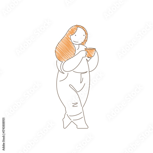 Woman standing and drinking coffee with both hands. Calm content expression and slight backward lean convey peaceful relaxation, mindful pause and warm beverage enjoyment. Line art vector illustration