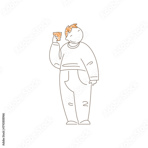 Man standing and holding a coffee cup with raised arm. Calm content expression and gentle smile convey peaceful coffee moment and simple daily pleasure. Line art vector illustration